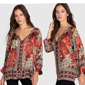 RARE Johnny Was 100% silk IKAT BUTTON DOWN XL perfect condition smoke pet free